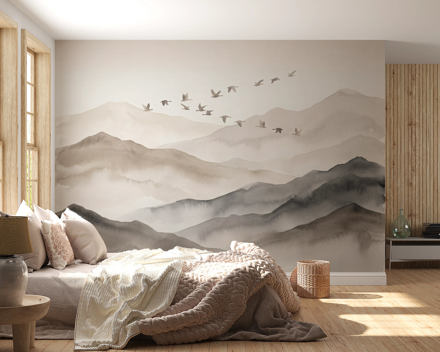 Ethereal Flock Over Misty Peaks Wall Mural Wall Mural