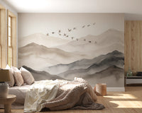 Ethereal Flock Over Misty Peaks Wall Mural Wall Mural