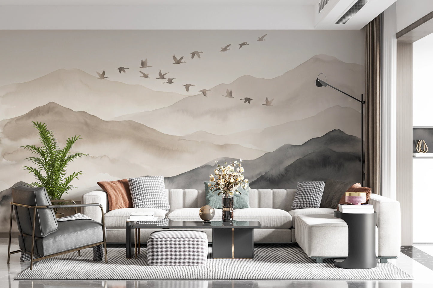 Ethereal Flock Over Misty Peaks Wall Mural Wall Mural