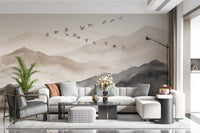 Ethereal Flock Over Misty Peaks Wall Mural Wall Mural