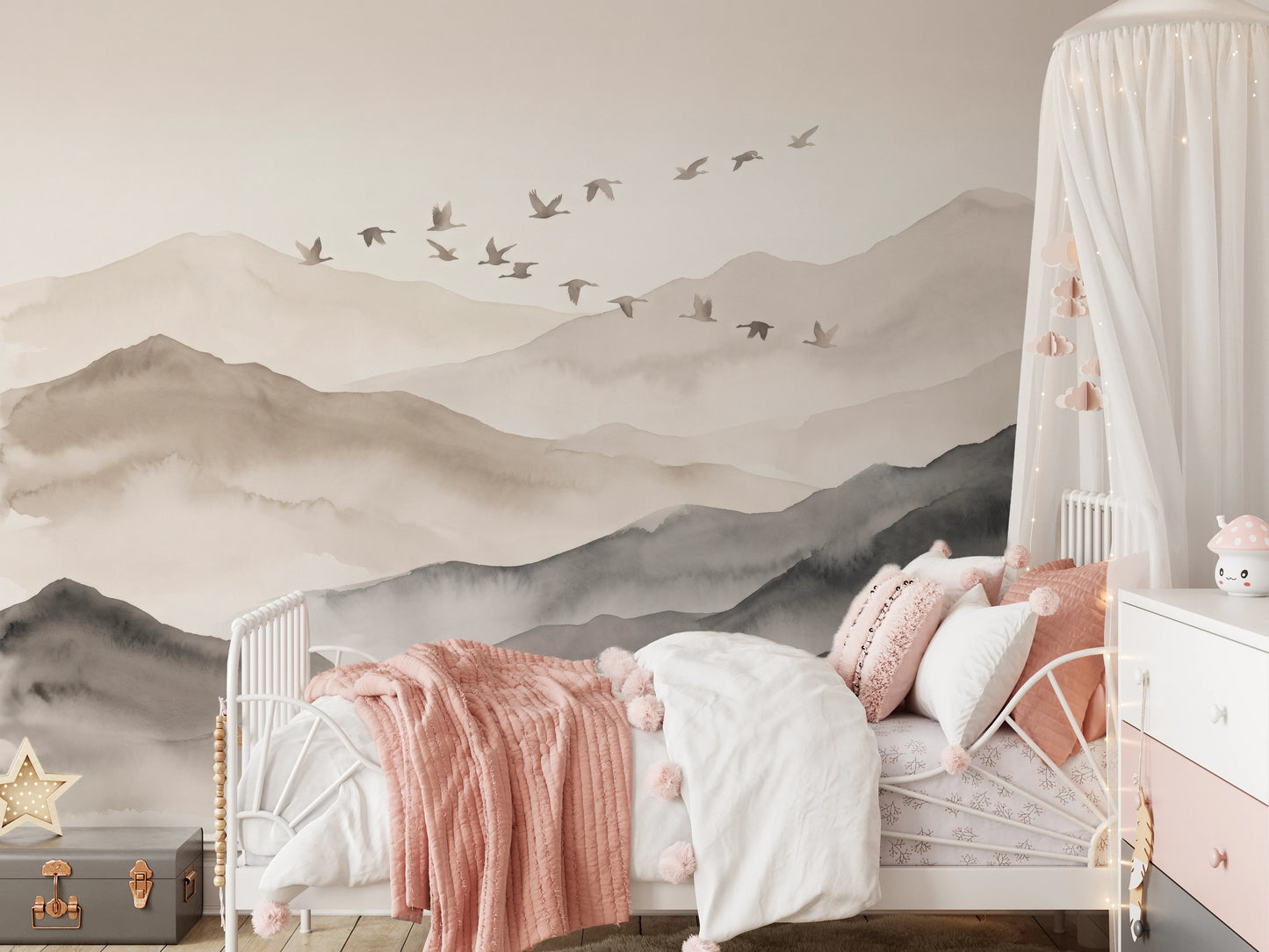 Ethereal Flock Over Misty Peaks Wall Mural Wall Mural