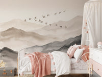Ethereal Flock Over Misty Peaks Wall Mural Wall Mural