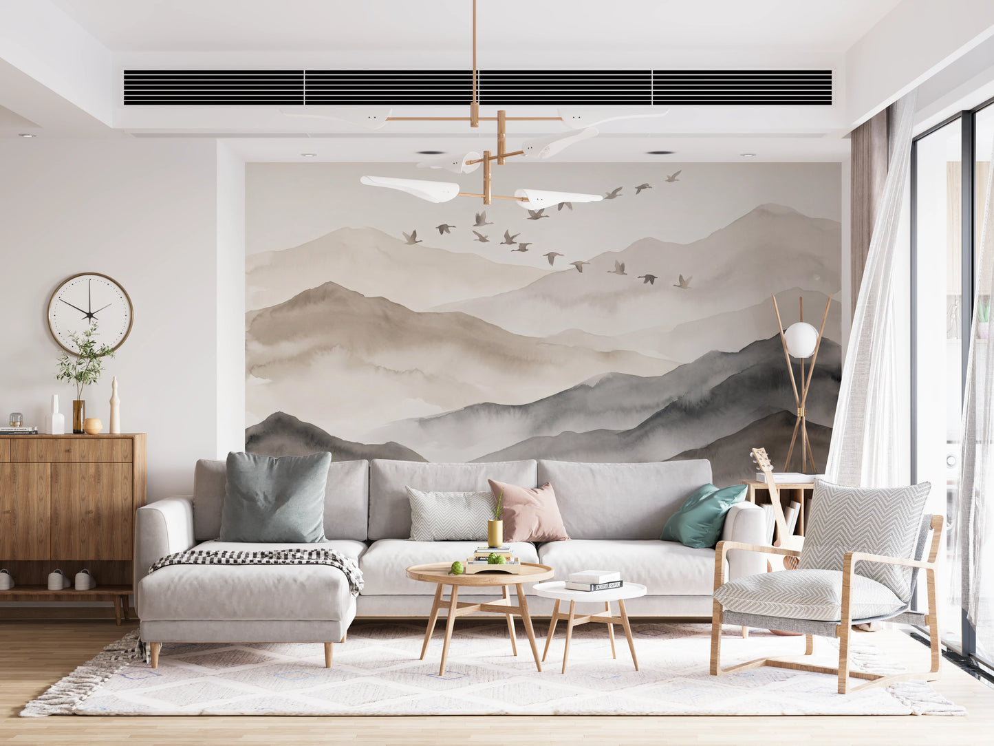 Ethereal Flock Over Misty Peaks Wall Mural Wall Mural