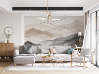 Ethereal Flock Over Misty Peaks Wall Mural Wall Mural