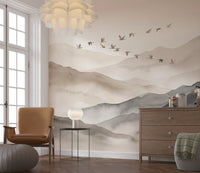 Ethereal Flock Over Misty Peaks Wall Mural Wall Mural