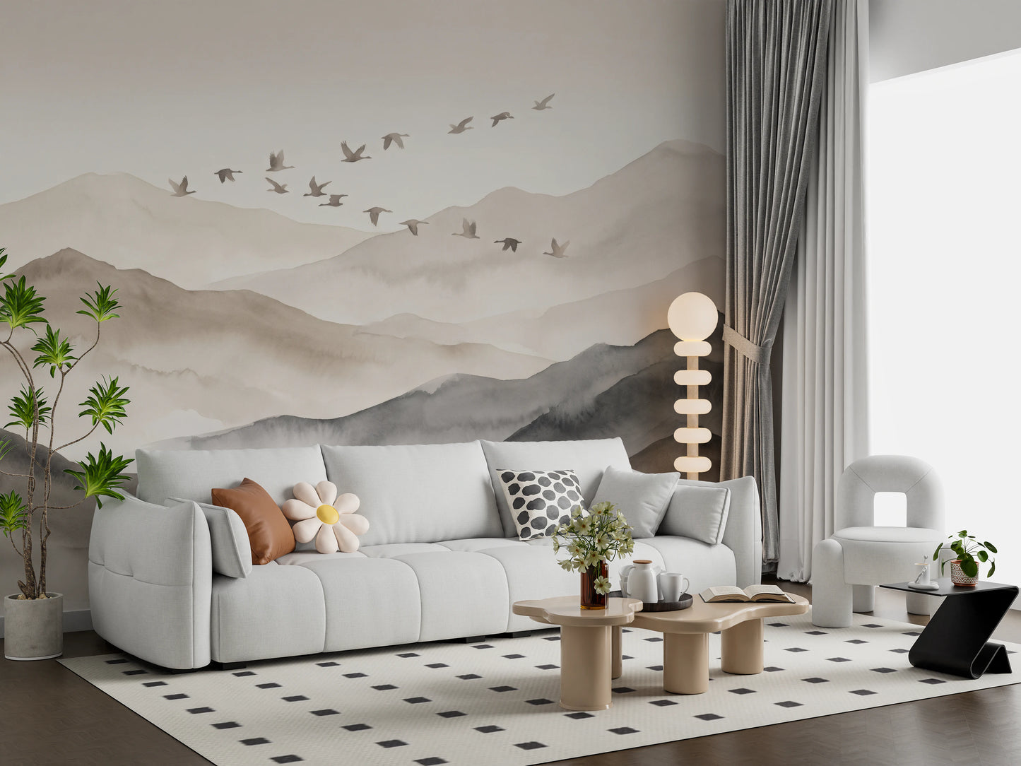 Ethereal Flock Over Misty Peaks Wall Mural Wall Mural