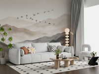 Ethereal Flock Over Misty Peaks Wall Mural Wall Mural