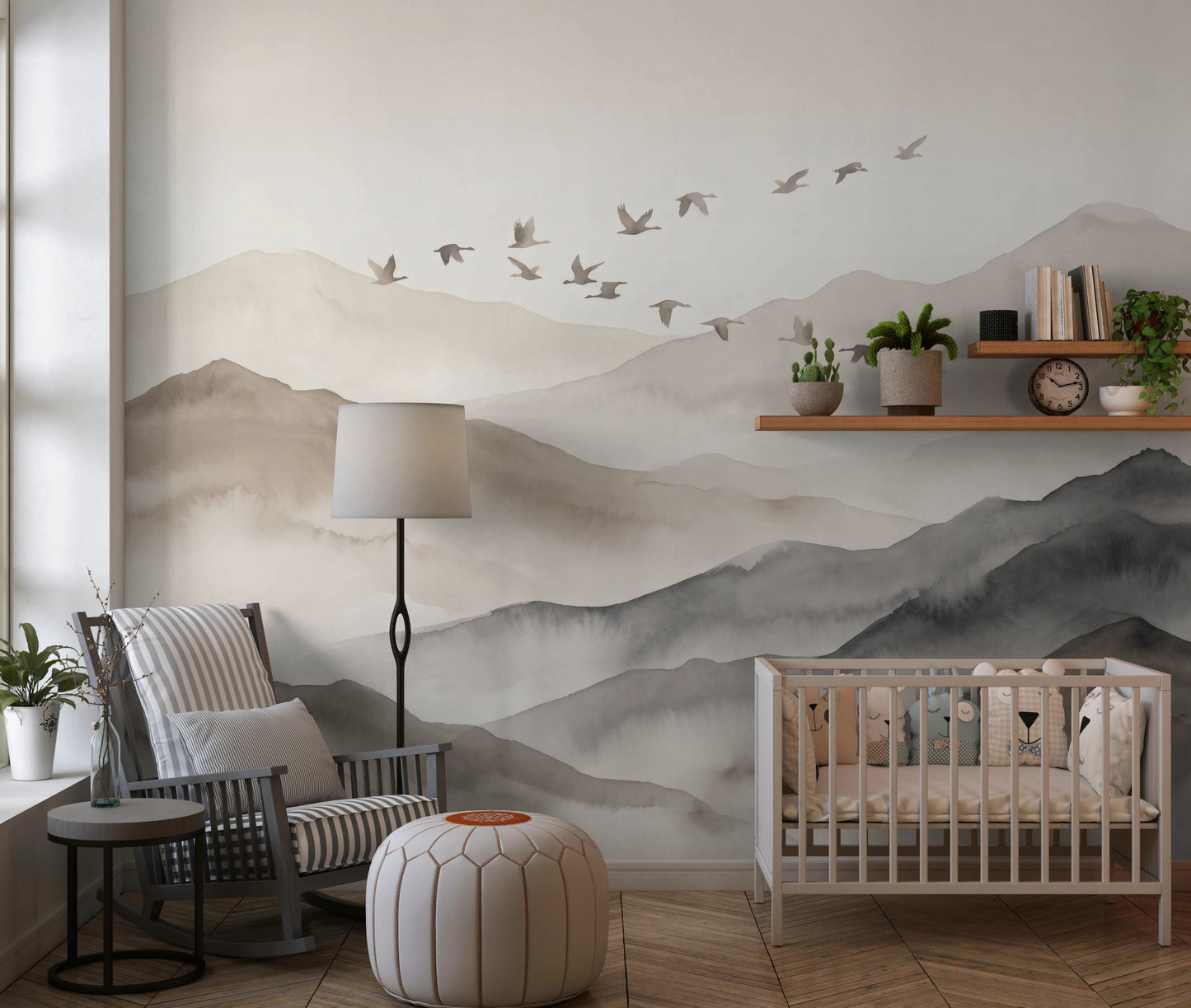 Ethereal Flock Over Misty Peaks Wall Mural Wall Mural
