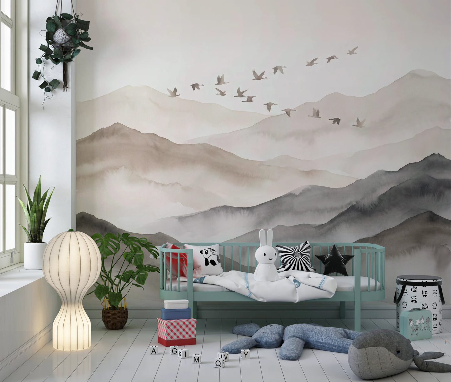 Ethereal Flock Over Misty Peaks Wall Mural Wall Mural