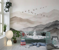 Ethereal Flock Over Misty Peaks Wall Mural Wall Mural