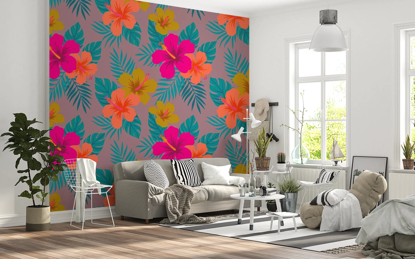 Vibrant Tropical Hibiscus Floral Pattern Wall Mural
