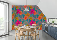 Vibrant Tropical Hibiscus Floral Pattern Wall Mural