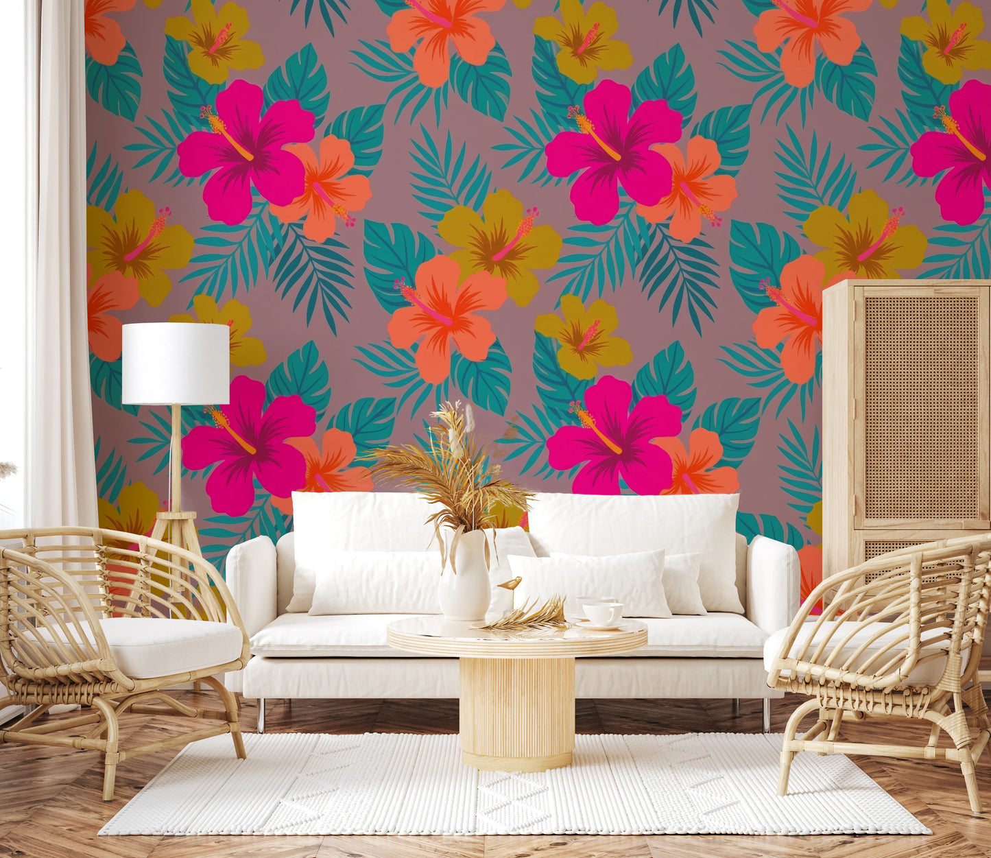 Vibrant Tropical Hibiscus Floral Pattern Wall Mural