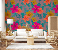 Vibrant Tropical Hibiscus Floral Pattern Wall Mural