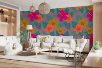Vibrant Tropical Hibiscus Floral Pattern Wall Mural
