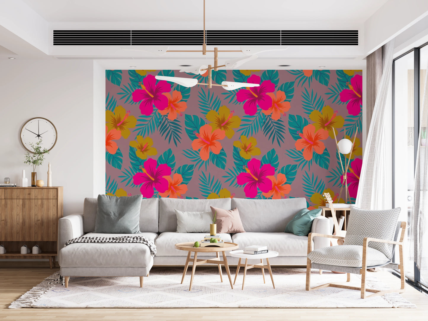 Vibrant Tropical Hibiscus Floral Pattern Wall Mural