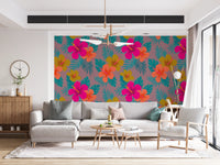 Vibrant Tropical Hibiscus Floral Pattern Wall Mural