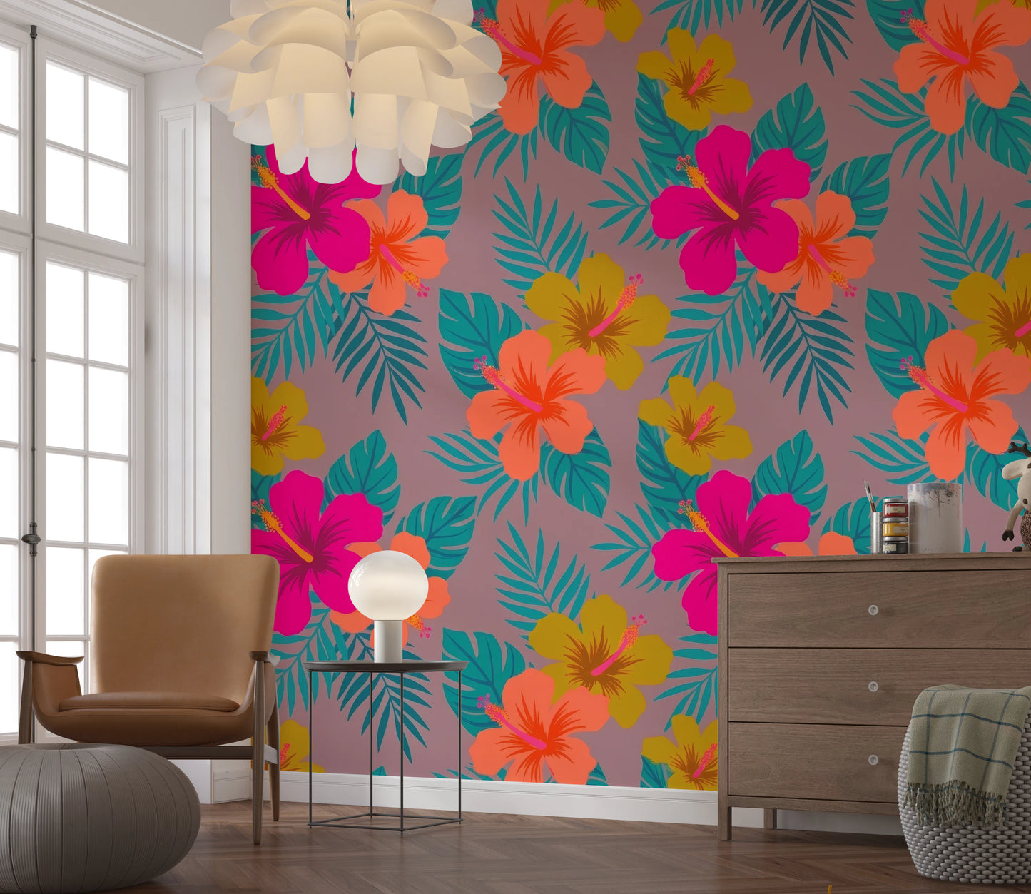 Vibrant Tropical Hibiscus Floral Pattern Wall Mural