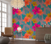 Vibrant Tropical Hibiscus Floral Pattern Wall Mural