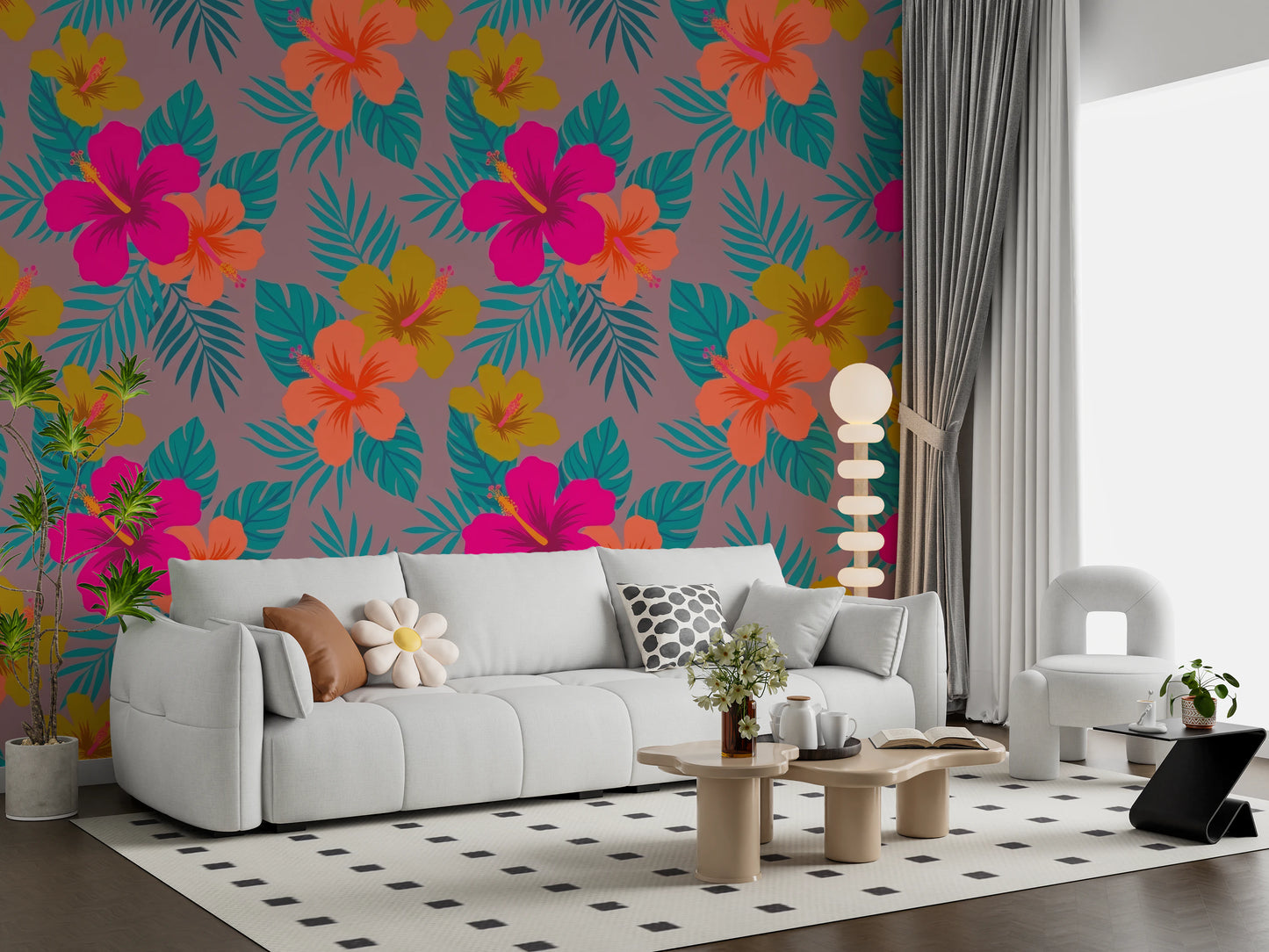 Vibrant Tropical Hibiscus Floral Pattern Wall Mural