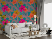 Vibrant Tropical Hibiscus Floral Pattern Wall Mural