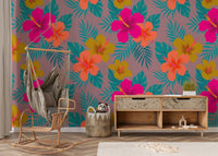 Vibrant Tropical Hibiscus Floral Pattern Wall Mural
