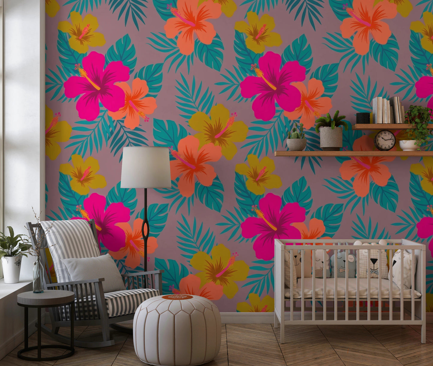 Vibrant Tropical Hibiscus Floral Pattern Wall Mural