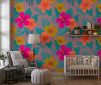 Vibrant Tropical Hibiscus Floral Pattern Wall Mural