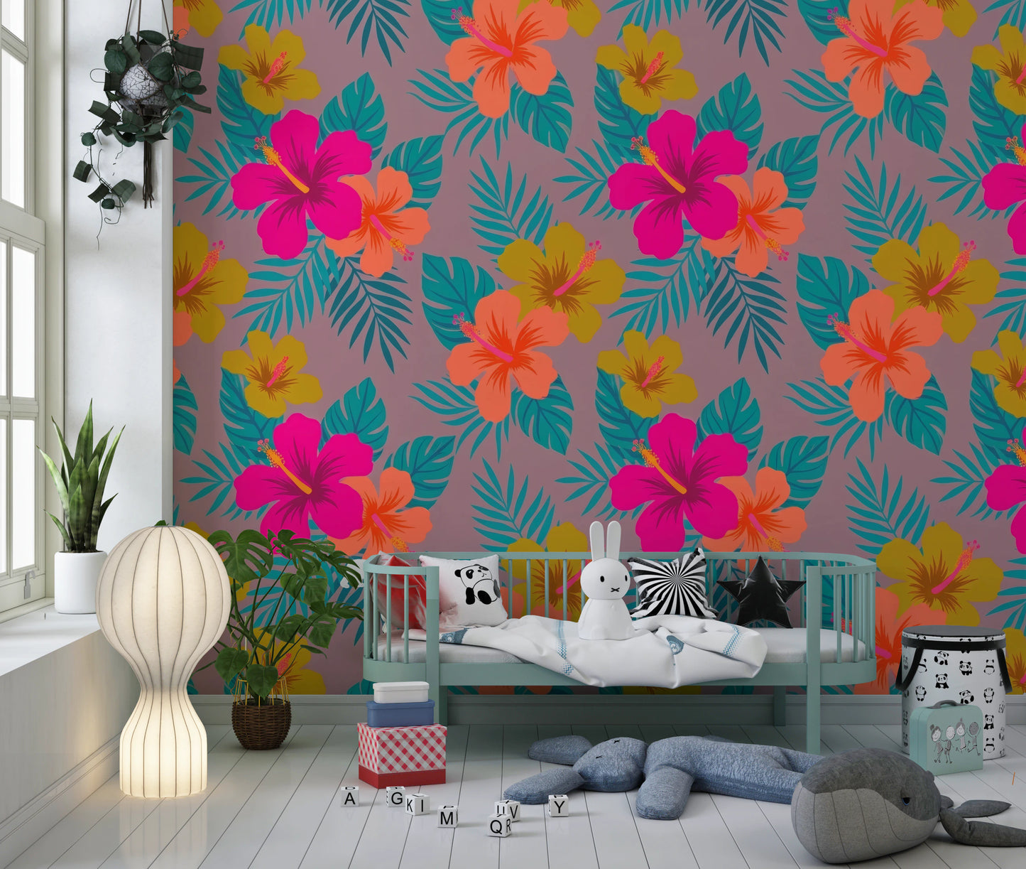 Vibrant Tropical Hibiscus Floral Pattern Wall Mural