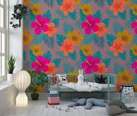Vibrant Tropical Hibiscus Floral Pattern Wall Mural