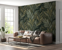 Earthy Olive Green Botanical Leaf Pattern Wall Mural