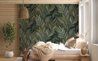 Earthy Olive Green Botanical Leaf Pattern Wall Mural