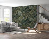 Earthy Olive Green Botanical Leaf Pattern Wall Mural
