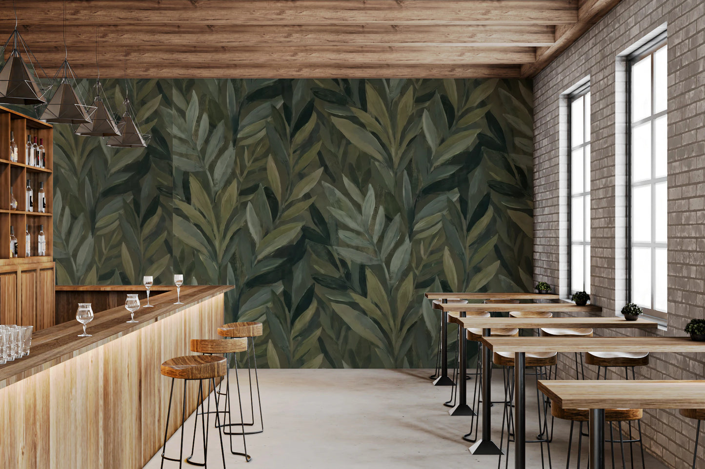 Earthy Olive Green Botanical Leaf Pattern Wall Mural