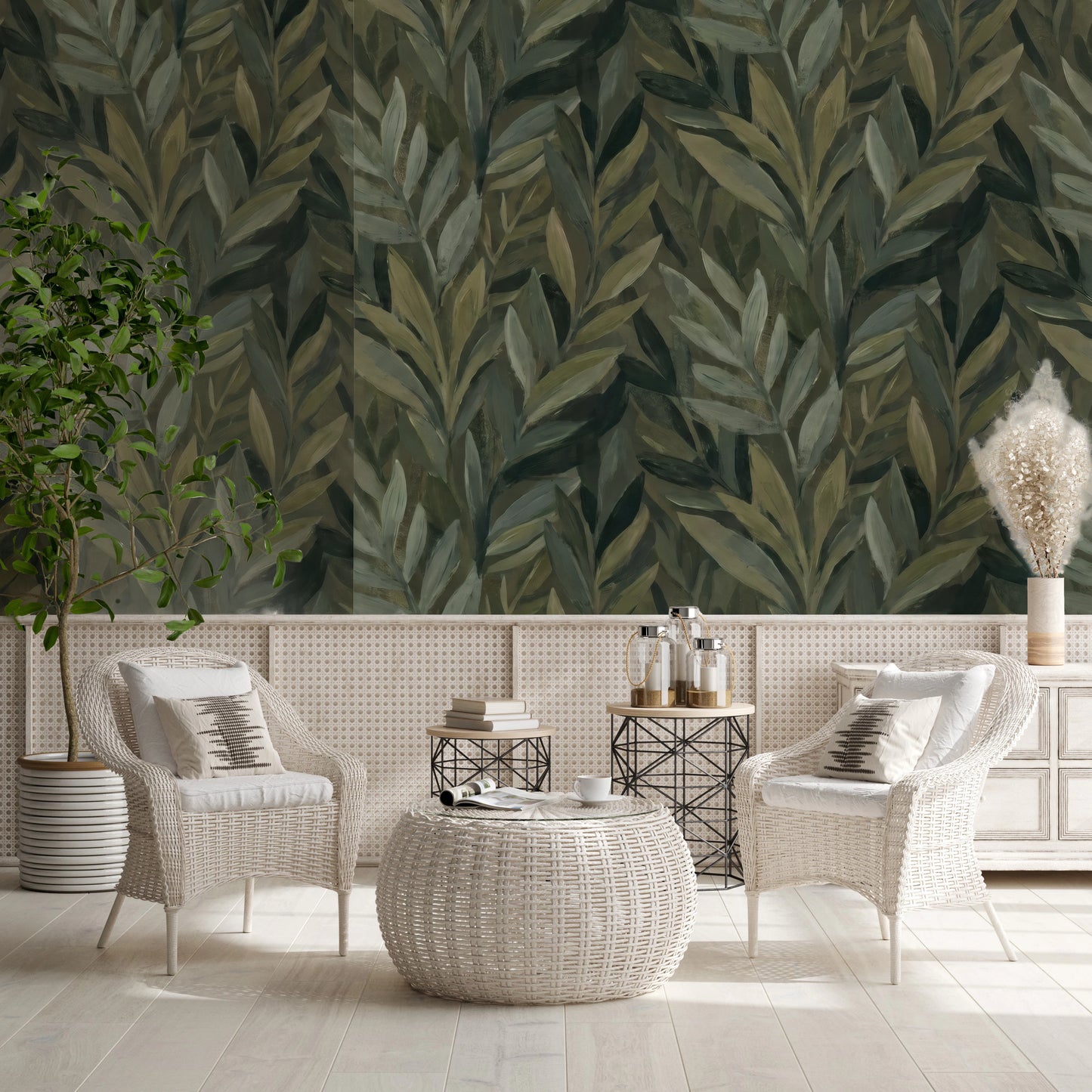 Earthy Olive Green Botanical Leaf Pattern Wall Mural
