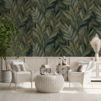 Earthy Olive Green Botanical Leaf Pattern Wall Mural