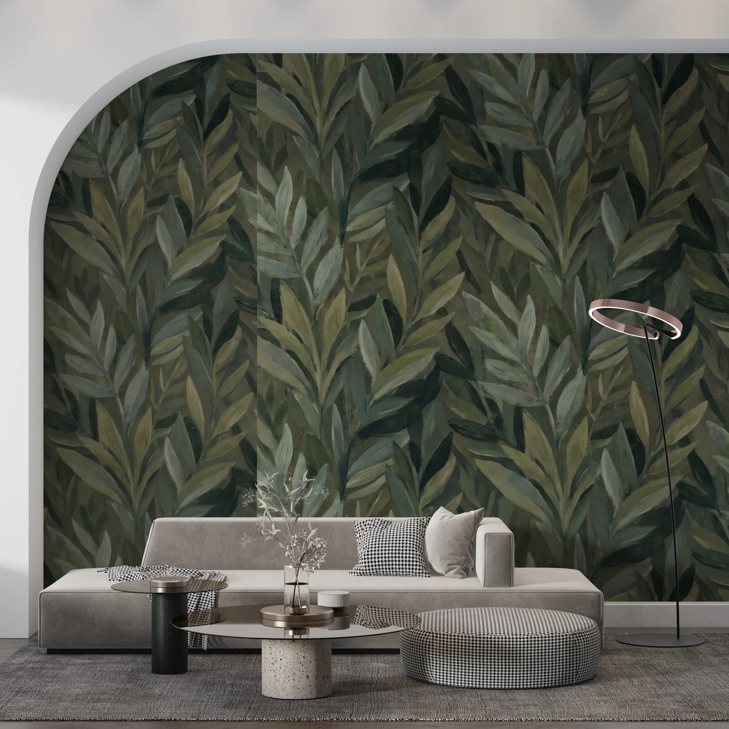 Earthy Olive Green Botanical Leaf Pattern Wall Mural