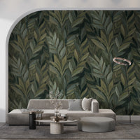 Earthy Olive Green Botanical Leaf Pattern Wall Mural