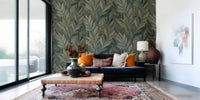 Earthy Olive Green Botanical Leaf Pattern Wall Mural