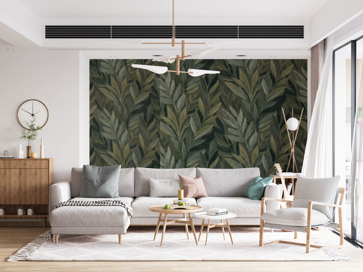 Earthy Olive Green Botanical Leaf Pattern Wall Mural