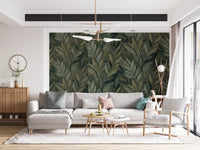 Earthy Olive Green Botanical Leaf Pattern Wall Mural