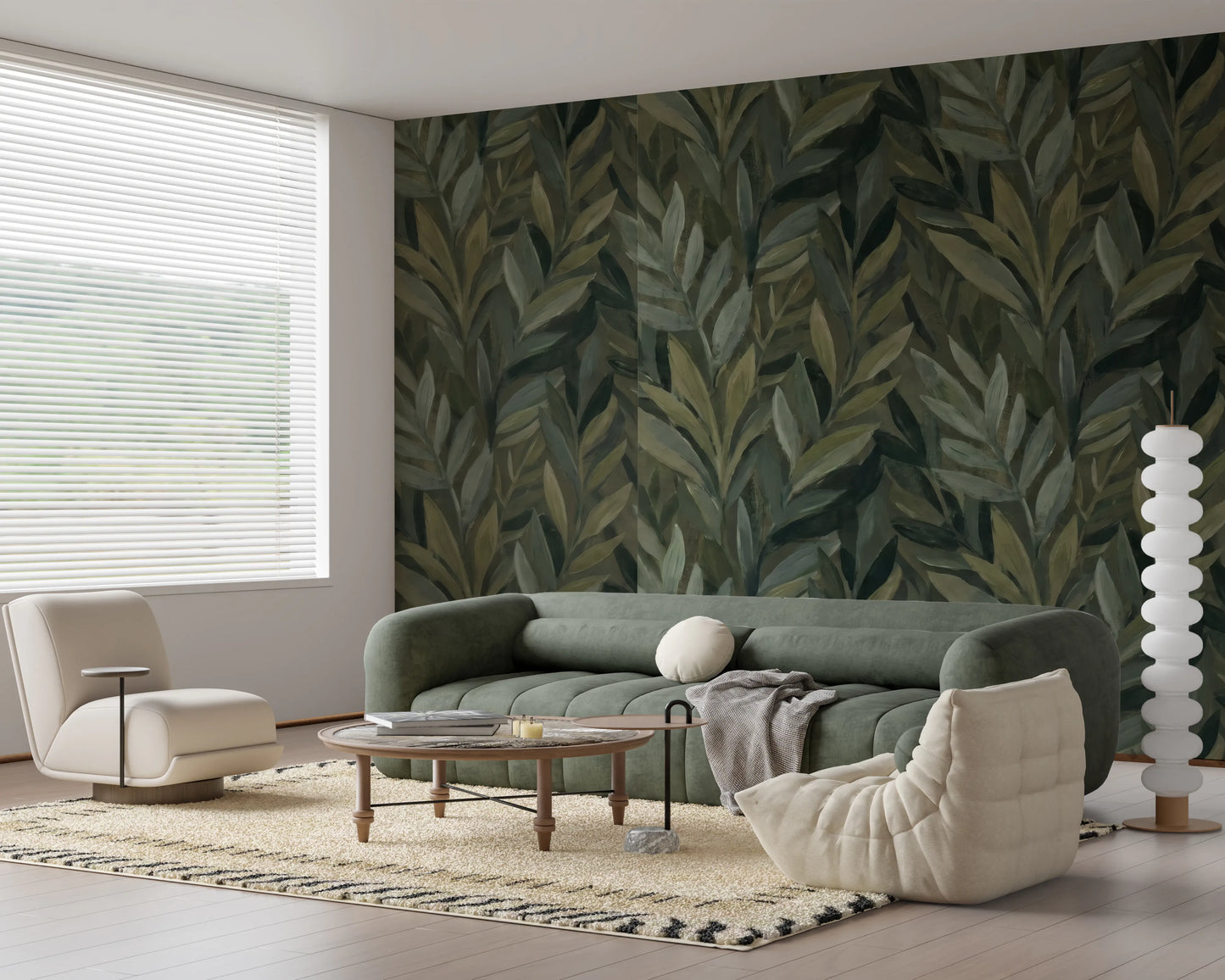 Earthy Olive Green Botanical Leaf Pattern Wall Mural
