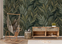 Earthy Olive Green Botanical Leaf Pattern Wall Mural