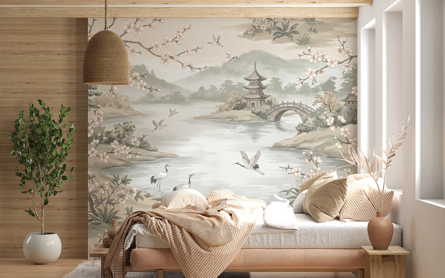 Serene Asian Garden Crane Landscape Mural Wall Mural