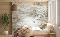 Serene Asian Garden Crane Landscape Mural Wall Mural