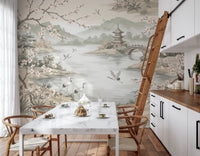Serene Asian Garden Crane Landscape Mural Wall Mural