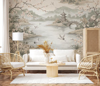 Serene Asian Garden Crane Landscape Mural Wall Mural