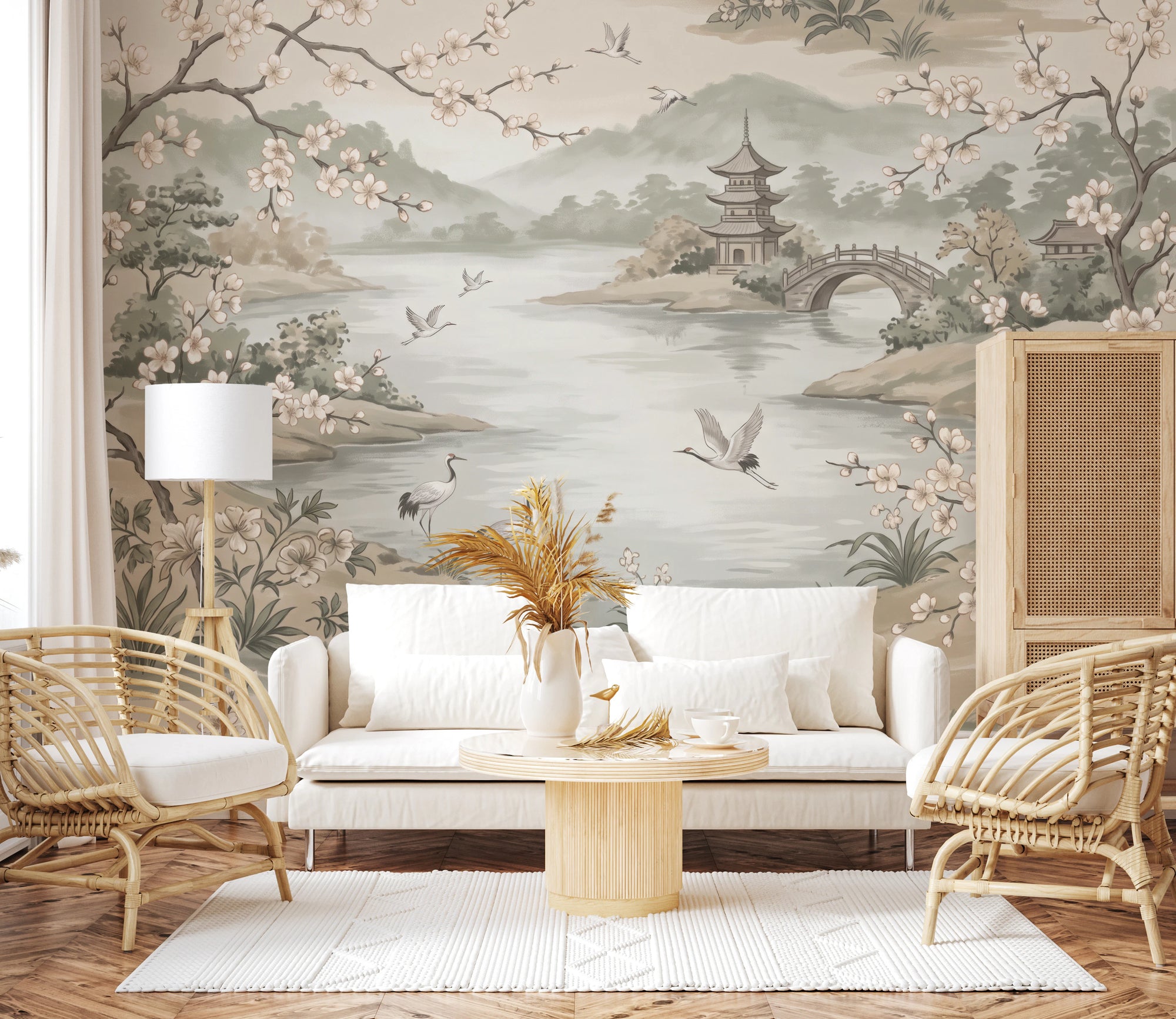 Serene Asian Garden Crane Landscape Mural Wall Mural