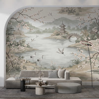 Serene Asian Garden Crane Landscape Mural Wall Mural