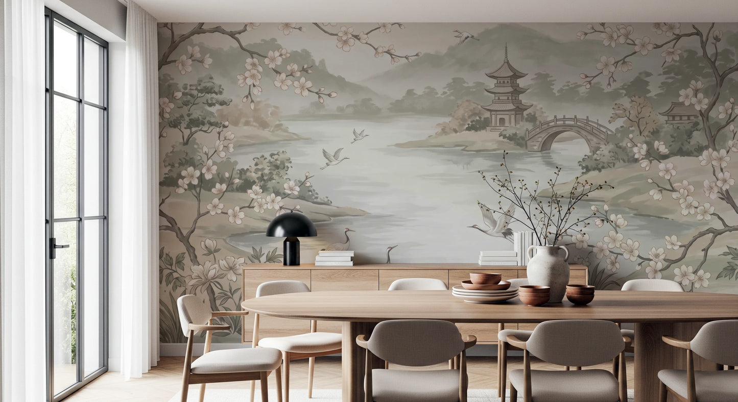 Serene Asian Garden Crane Landscape Mural Wall Mural